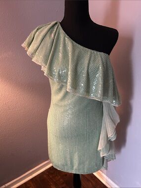 Mac Duggal Women One-Shoulder Mint Green Sequin Ruffle Dress Size 2
